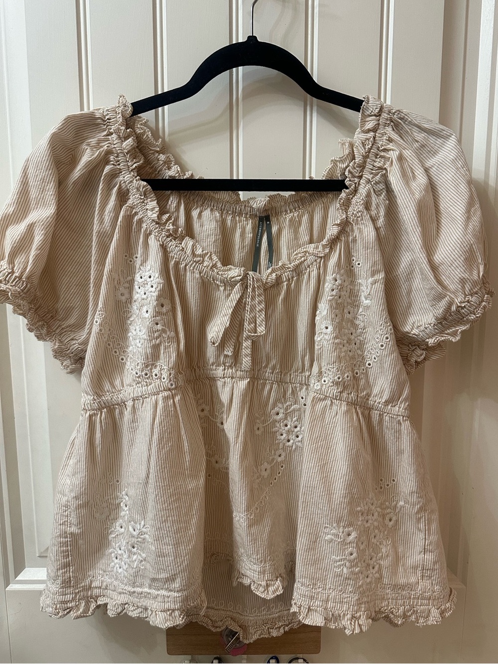 Anthropologie Cream stripped blouse Peasant Top size M
